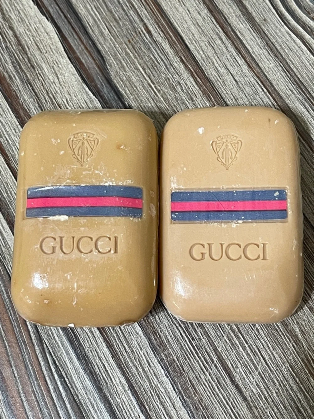 Vintage 70s Gucci Soap Bars Set of 2 Logo Embossed Tan New in Original Packaging